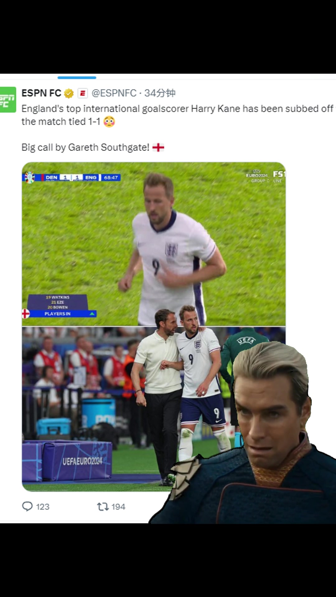 英格兰1-1战平丹麦，你觉得索斯盖特换下凯恩正确吗？